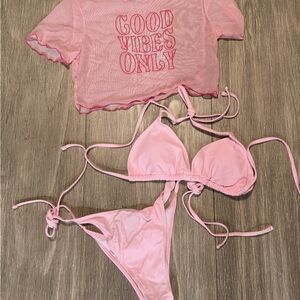 Pink Mesh Top and Bikini Set